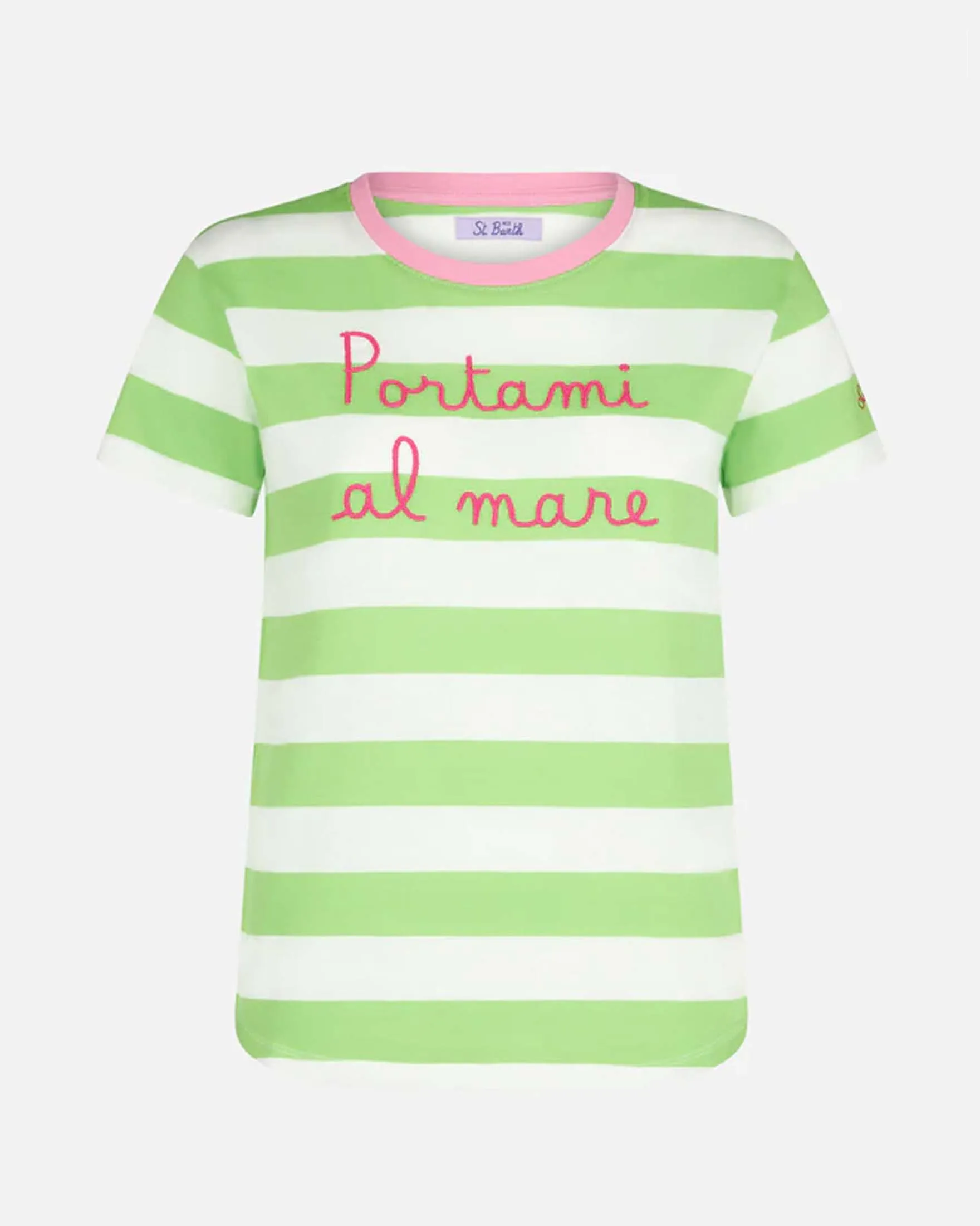 T-shirt in cotone a righe bianche e verdi con scritta ricamata Portami al mare
